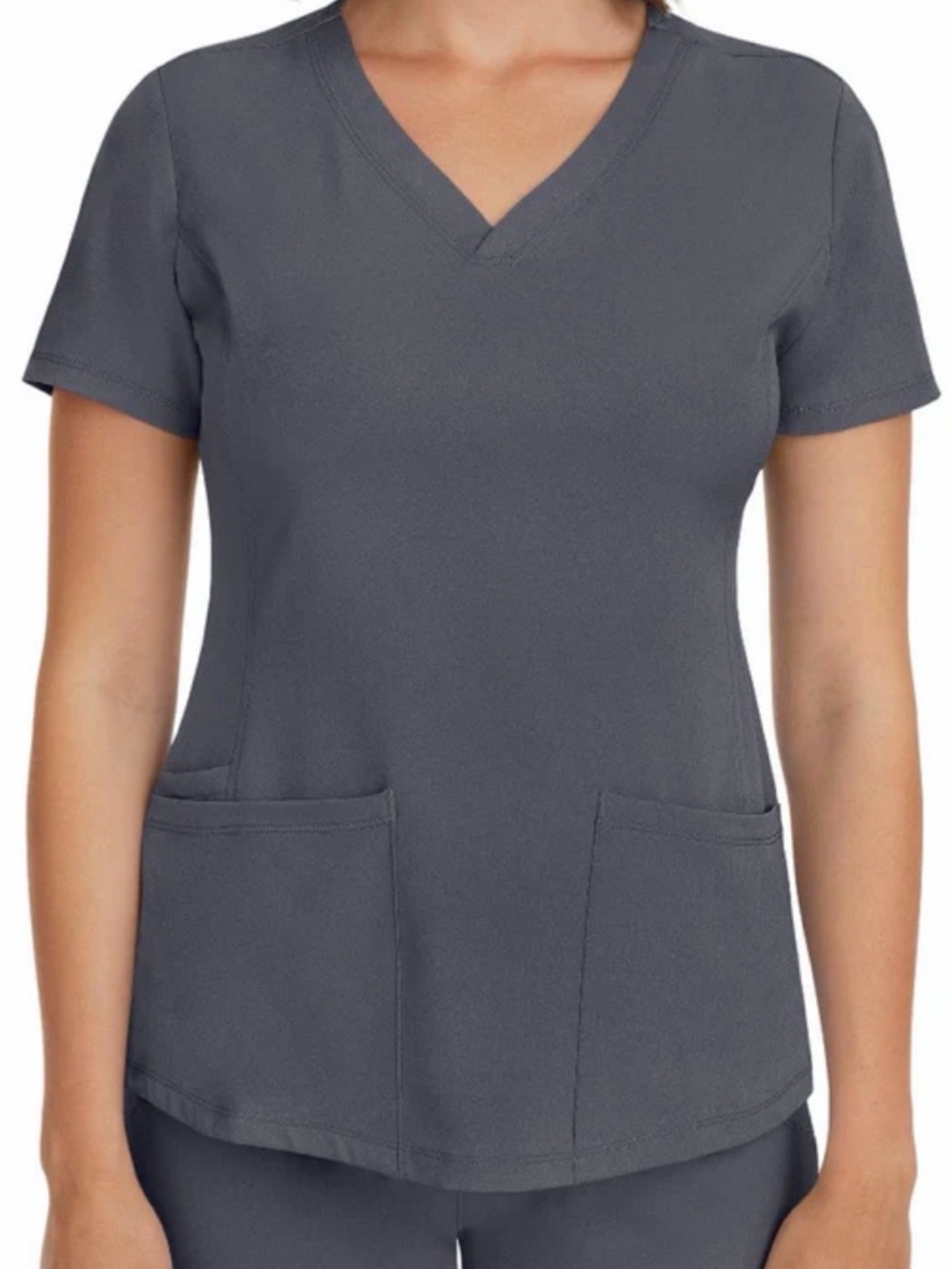 HH Works Monica Scrub Top‎ Medium Gray Stretch 4-Way V-Neck Pockets Short Sleeve